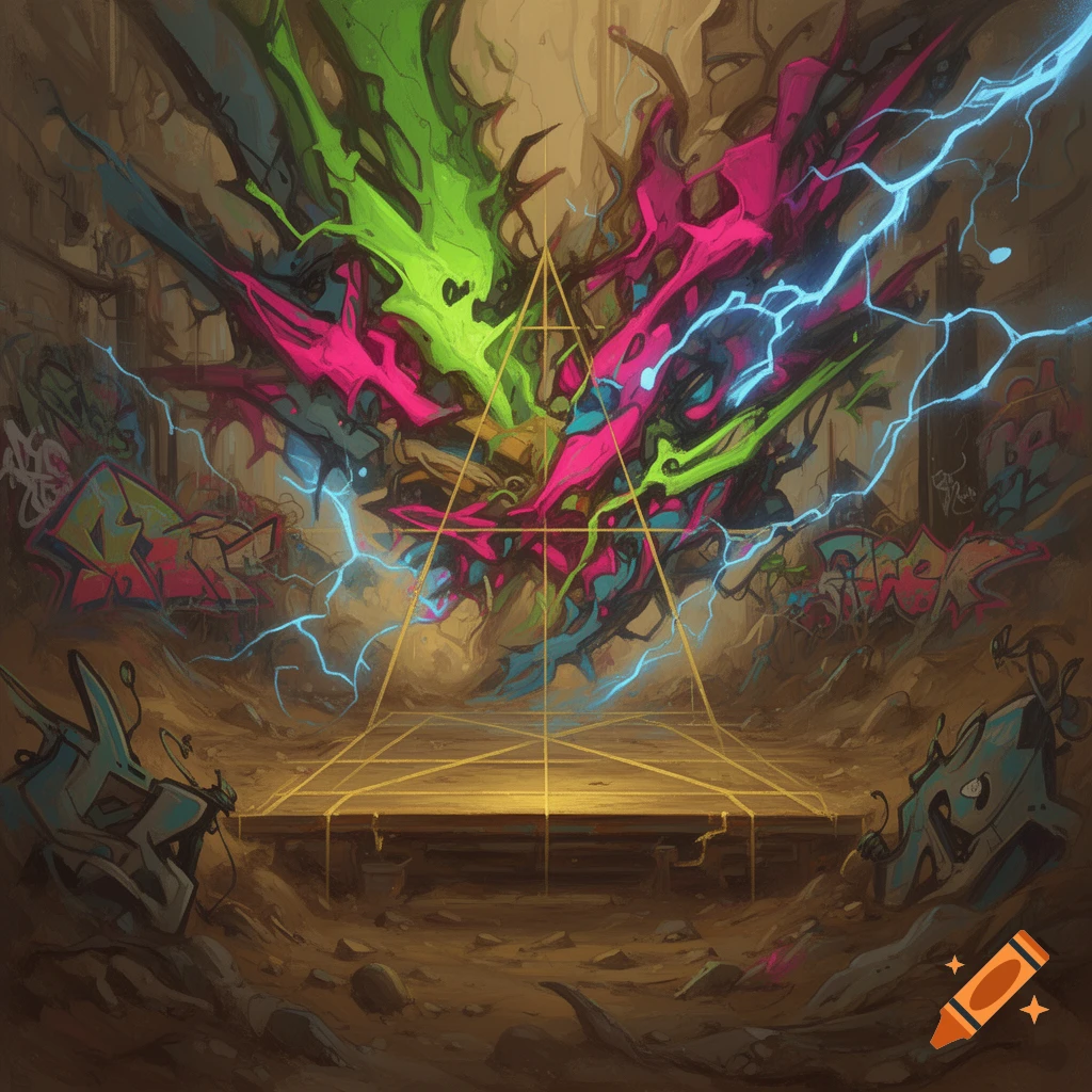 Abstract digital art with a golden geometric platform, surrounded by graffiti, earthy tones, and neon green, pink, and blue lightning.