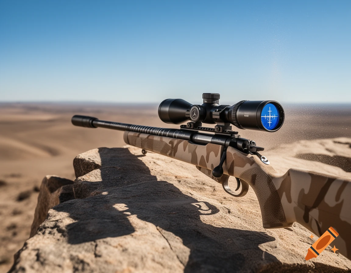 A camouflaged sniper rifle with a scope rests on a rocky outcrop, overlooking a vast, arid desert landscape under a clear blue sky.