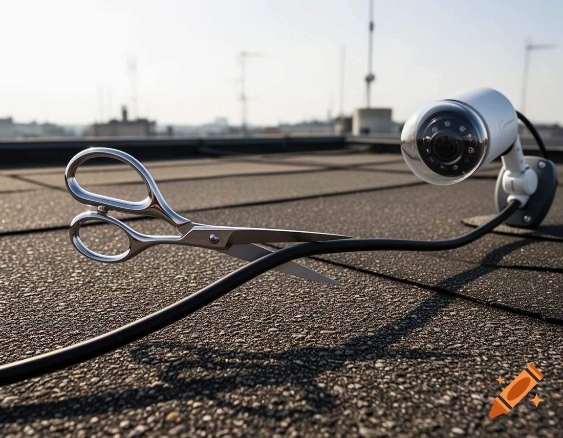 Photorealistic image of scissors cutting a network cable connected to a security camera on a sunny rooftop.