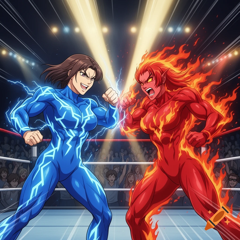 Two muscular anime-style female fighters, one blue with lightning and one red with fire, face off in a wrestling ring.