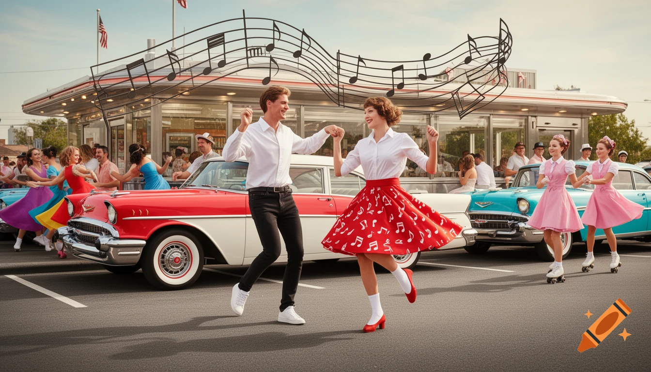 A lively scene outside a 1950s diner, with a couple in vintage attire dancing in the foreground while music notes float above classic cars.