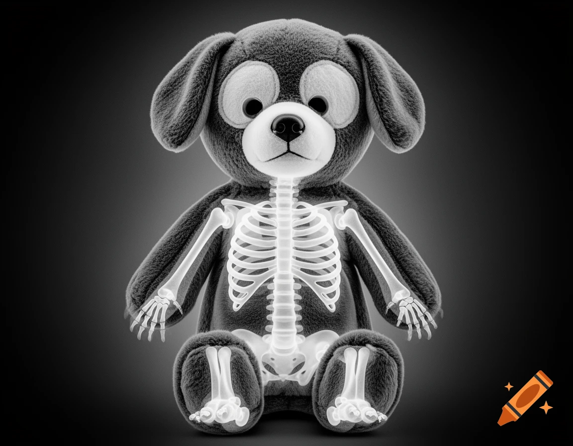 Black and white X-ray of a plushie dog showing its skeletal structure against a dark background.