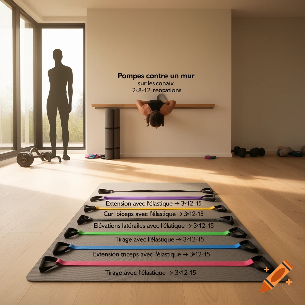 A person doing wall push-ups next to a window, with exercise resistance bands laid out on a mat in the foreground.