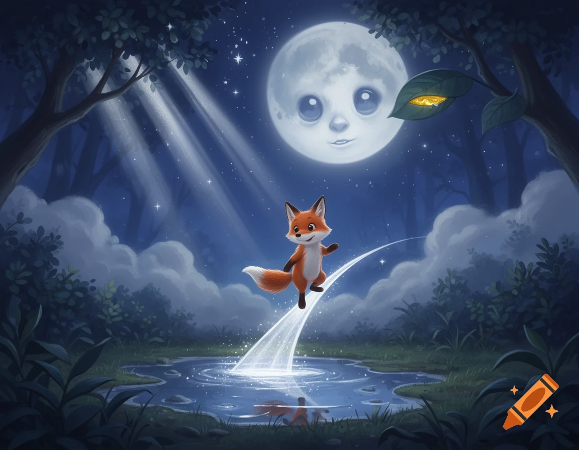 A cute fox stands on a glowing moonbeam over a pond in a magical forest at night, beneath a smiling moon.