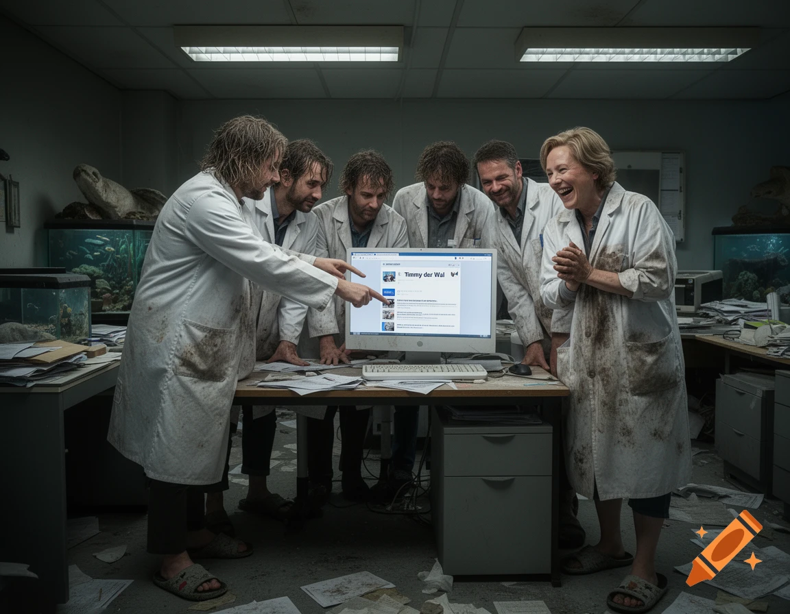 Disheveled scientists in dirty lab coats laugh at a computer screen in a cluttered lab with fish tanks, a photorealistic image.