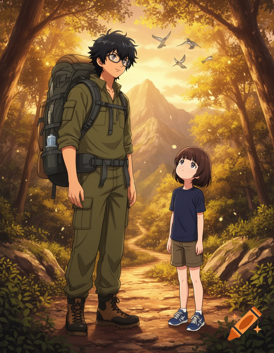 Anime illustration of a tall boy with a backpack and a small girl on a sunlit forest path with mountains in the background.