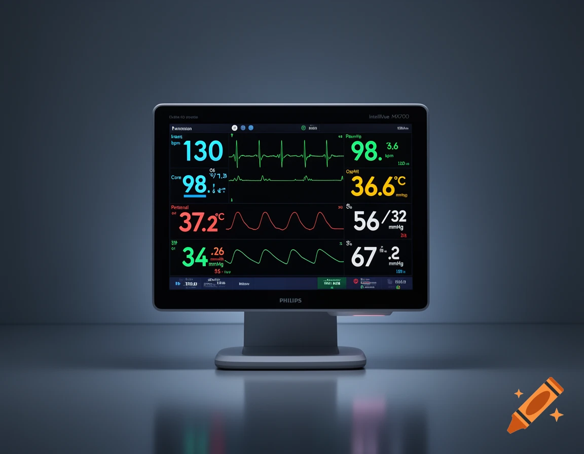 A photorealistic image of a Philips IntelliVue MX700 patient monitor displaying vital signs with numerical data and waveforms against a dark blue background.