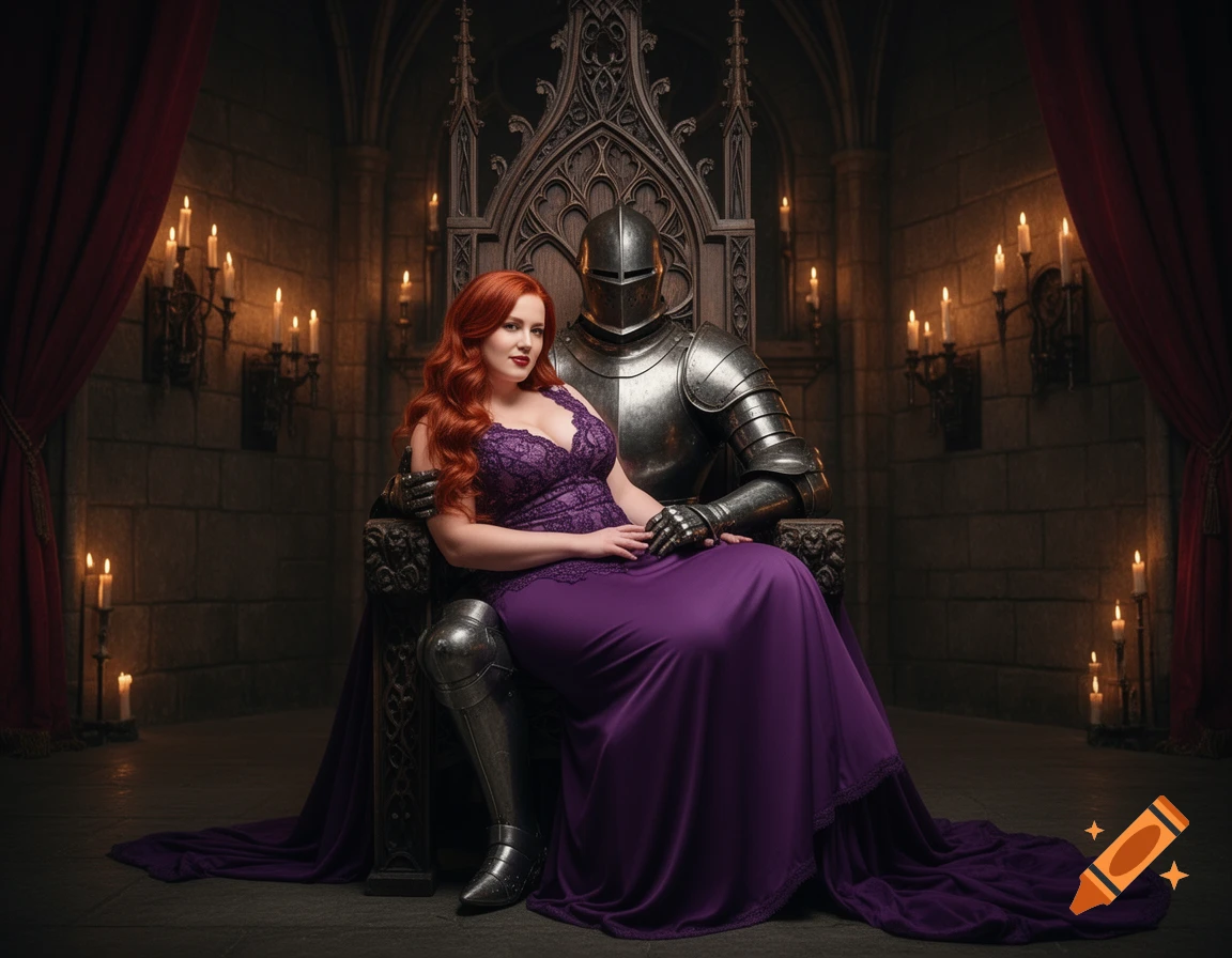 A red-haired woman in a purple dress sits on a knight's lap on a gothic throne in a candlelit castle.