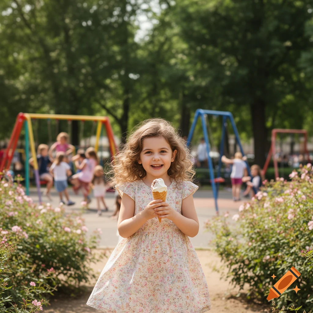 A happy young girl with curly hair holds an ice cream cone, smiling at a sunny playground with other children playing in the background.