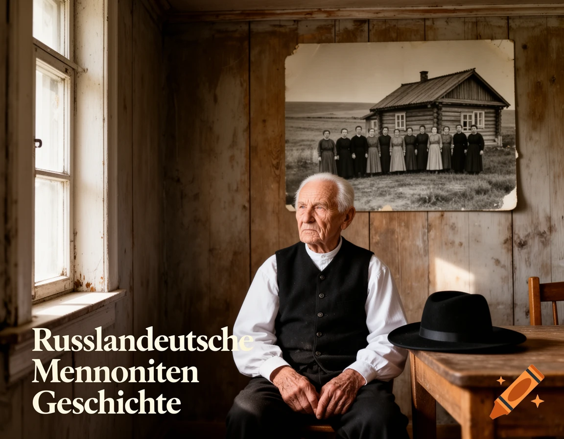 Photorealistic portrait of an old man in a rustic room, with a vintage photo and text 'Russlanddeutsche Mennoniten Geschichte'.