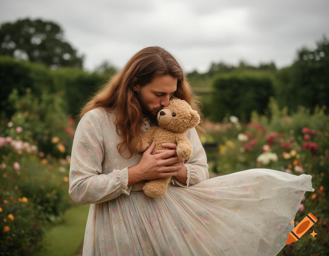 A man with long hair and a floral dress gently kisses a teddy bear in a vibrant garden. Photorealistic.