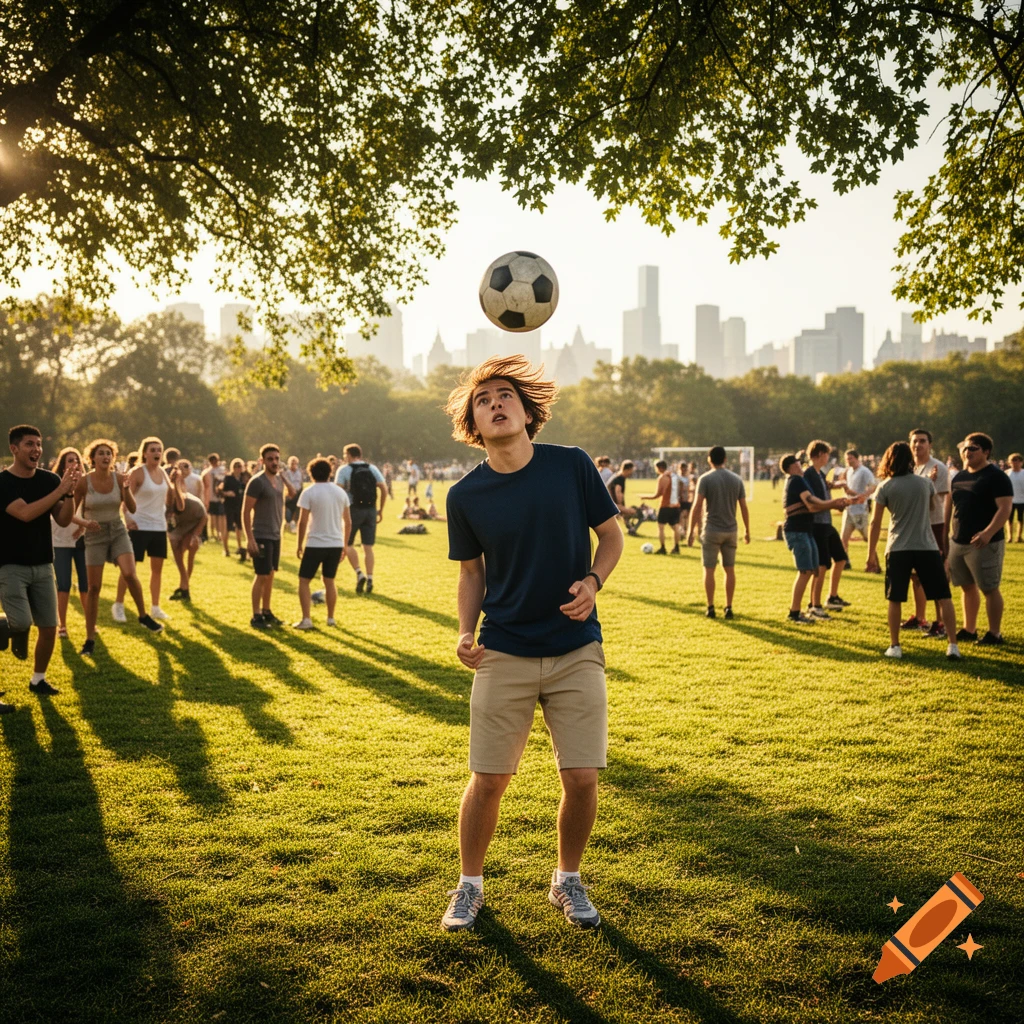 A young man with long hair looks up to head a soccer ball in a sunny park filled with people, with a city skyline in the background.