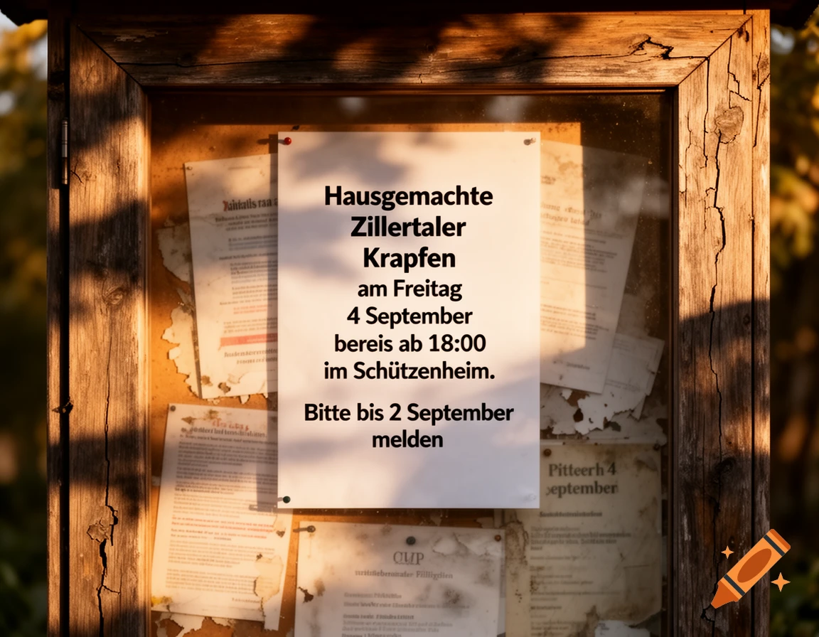 A close-up, photorealistic image of a wooden bulletin board with a white notice announcing 'Homemade Zillertal Doughnuts'.