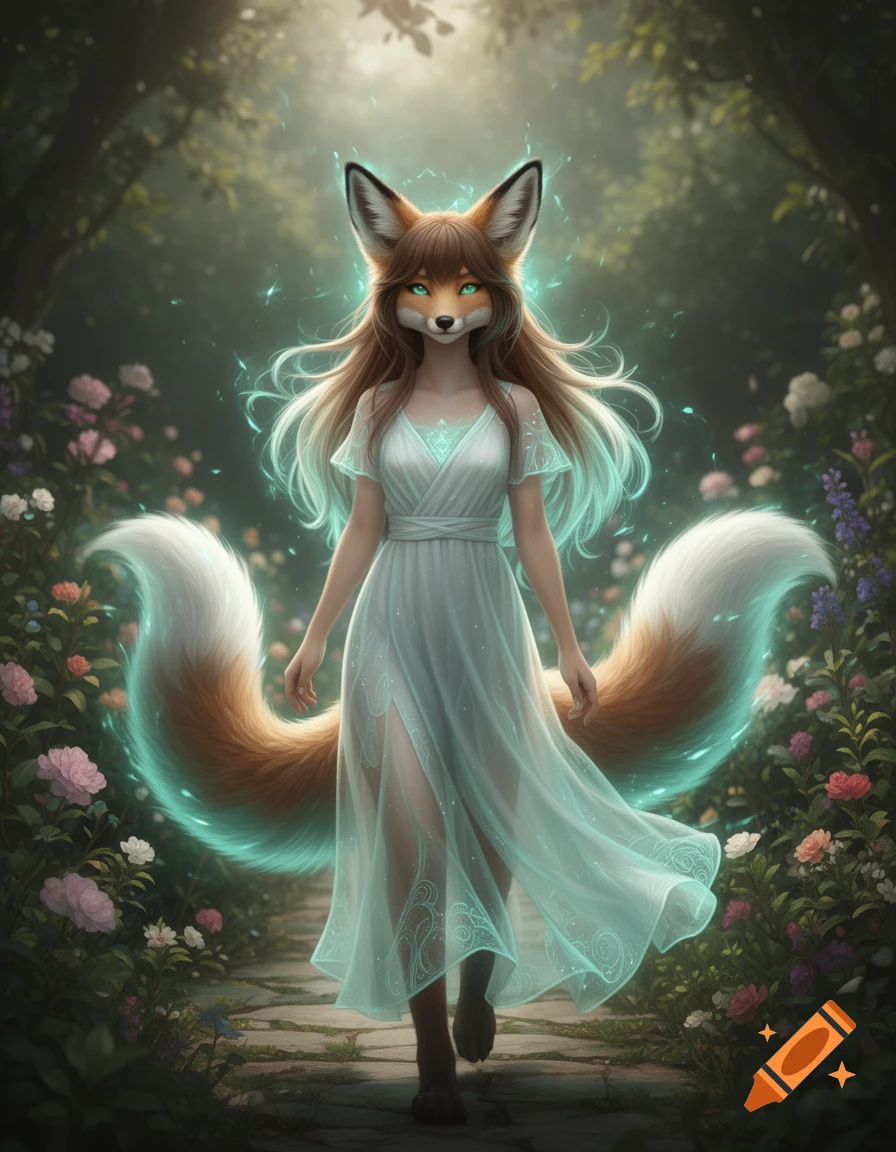 A fox-human hybrid with fox ears, long hair, and two fluffy tails, wearing a flowing white and teal dress, walks in an enchanted forest.