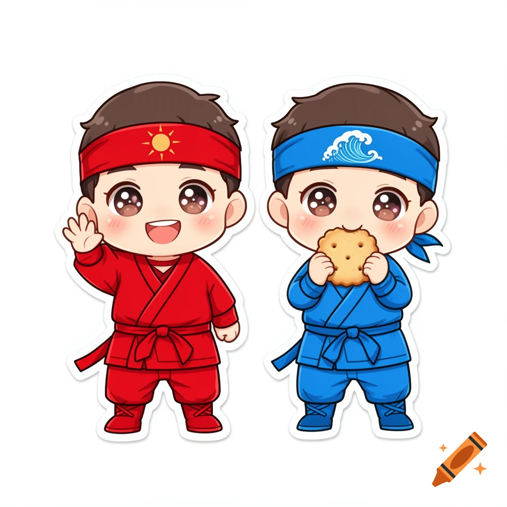 Two chibi twin boys in red and blue ninja outfits. One waves with a sun headband, the other eats a biscuit with a wave headband, sticker art style.