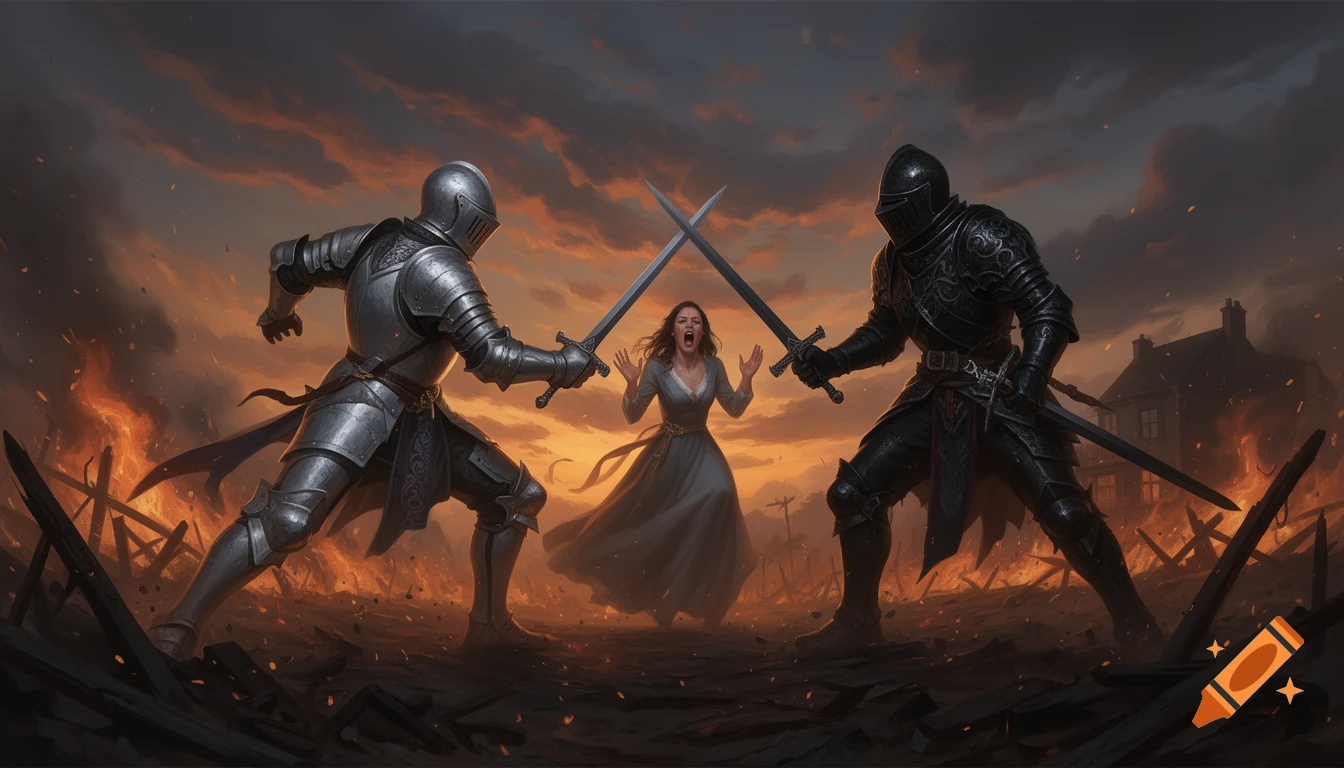 Two armored knights with swords drawn face each other as a screaming woman stands between them on a burning battlefield at sunset.