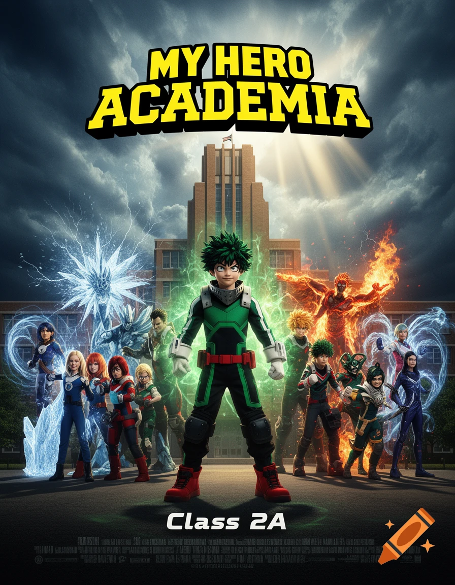 A live-action style film poster for My Hero Academia, featuring Izuku Midoriya front and center with Class 2A heroes behind him, in front of a school building under a dramatic stormy sky with rays of light.