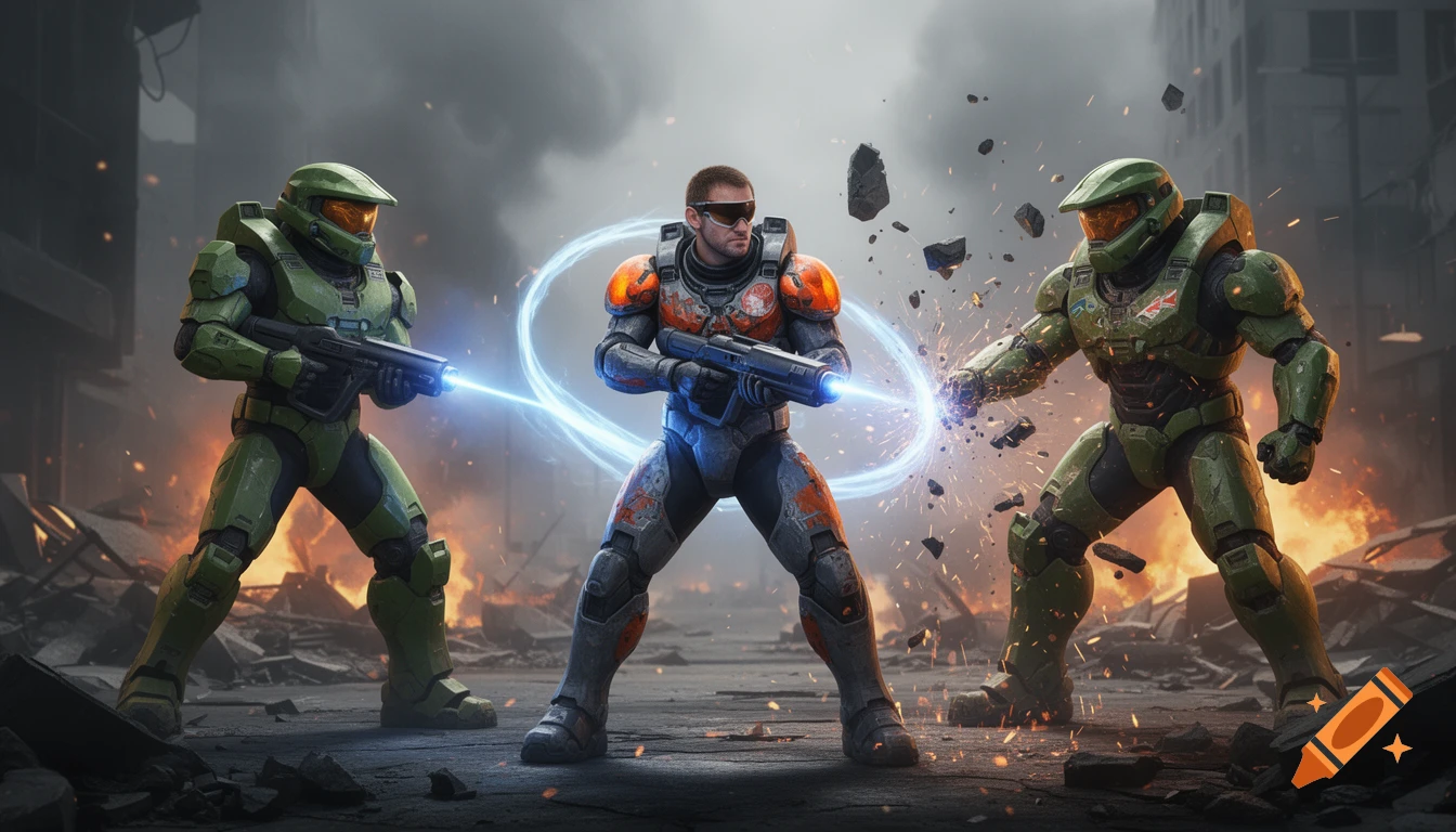 Three armored characters, two in green and one in orange and grey, stand with futuristic weapons amidst explosions and debris in a ruined city.