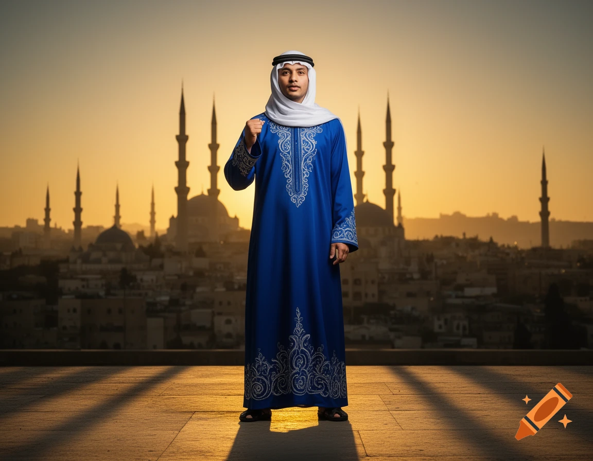 A man in a blue thobe and white keffiyeh stands on a rooftop with a cityscape and mosques at sunset.