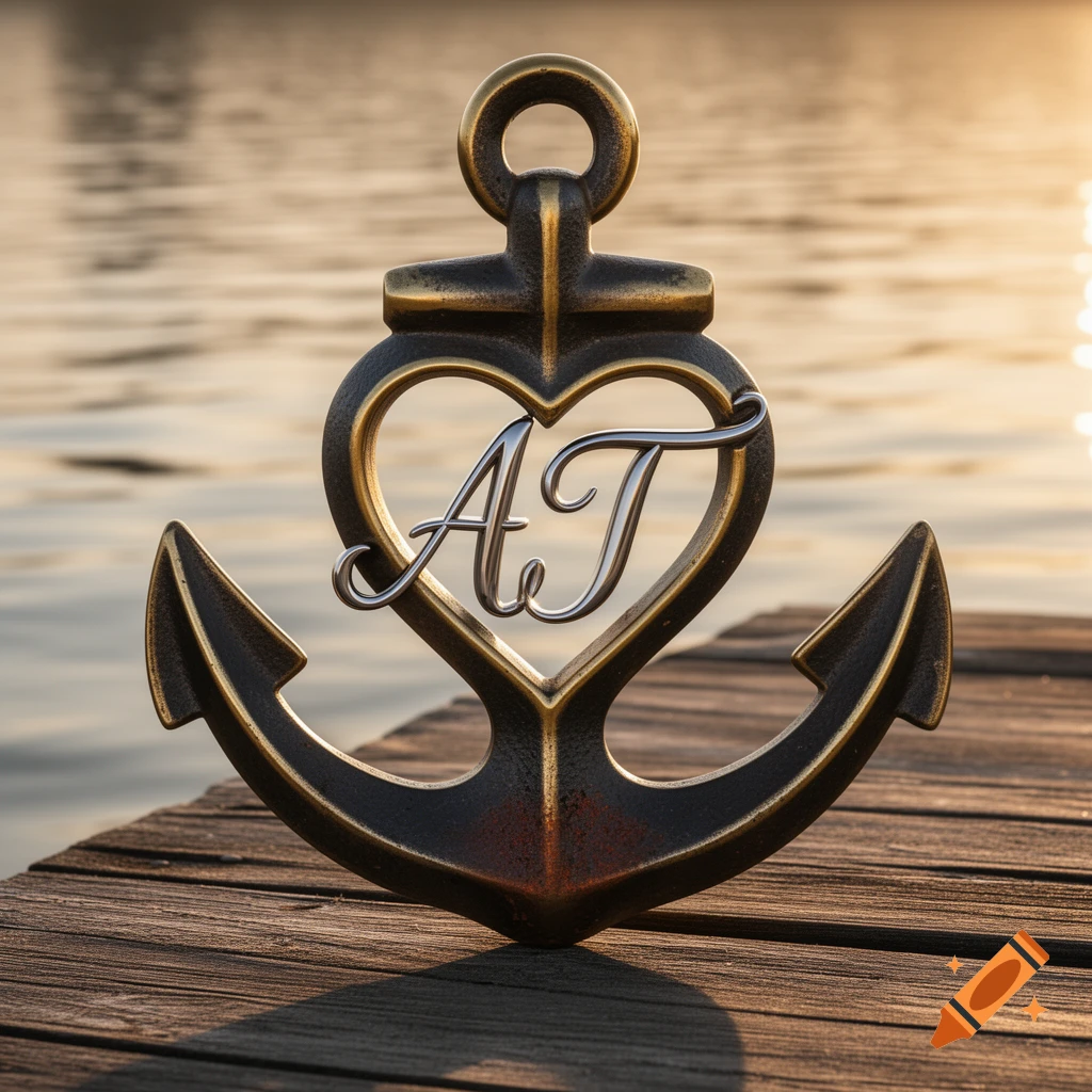 A rustic gold and black anchor with a heart-shaped cutout containing silver letters 'A' and 'T', on a wooden dock with a calm lake at sunset.