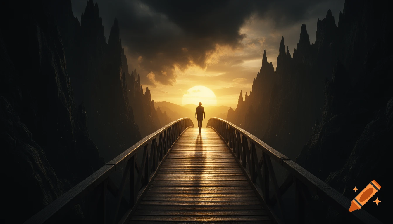 A silhouette of a person walks on a wooden bridge towards a brilliant golden sun between dark, jagged mountains under a dramatic sky. Photorealistic.