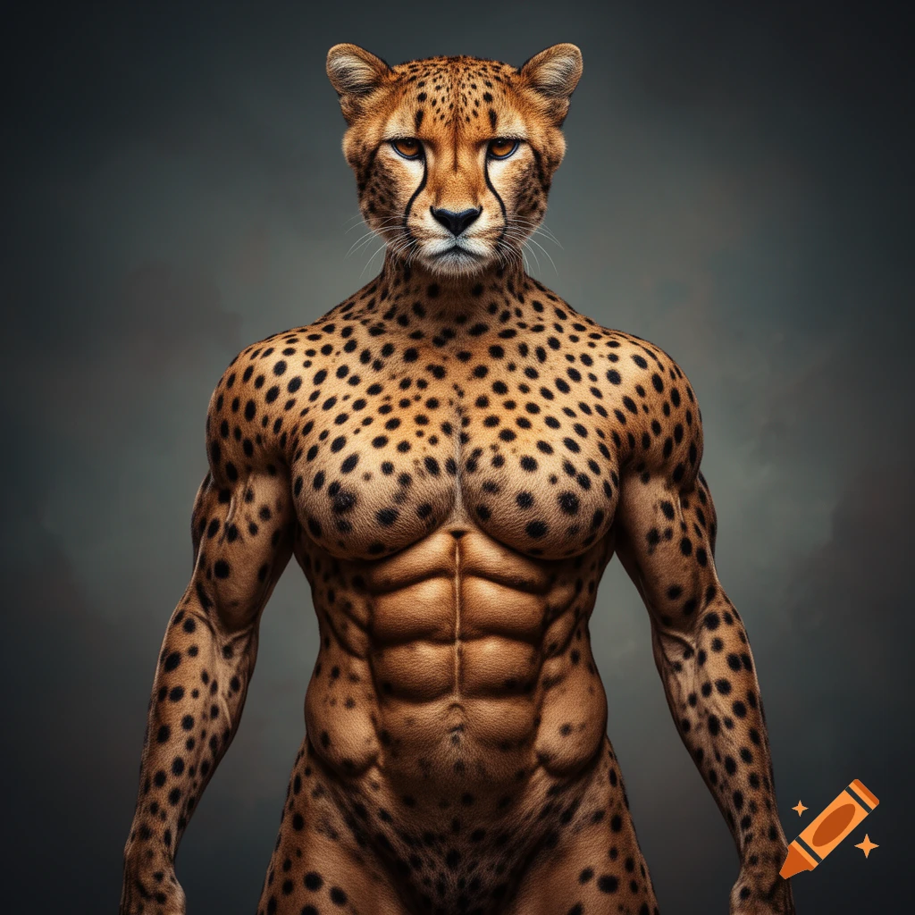 A muscular anthropomorphic cheetah stands facing forward, showcasing its spotted fur and highly defined abs against a dark background.