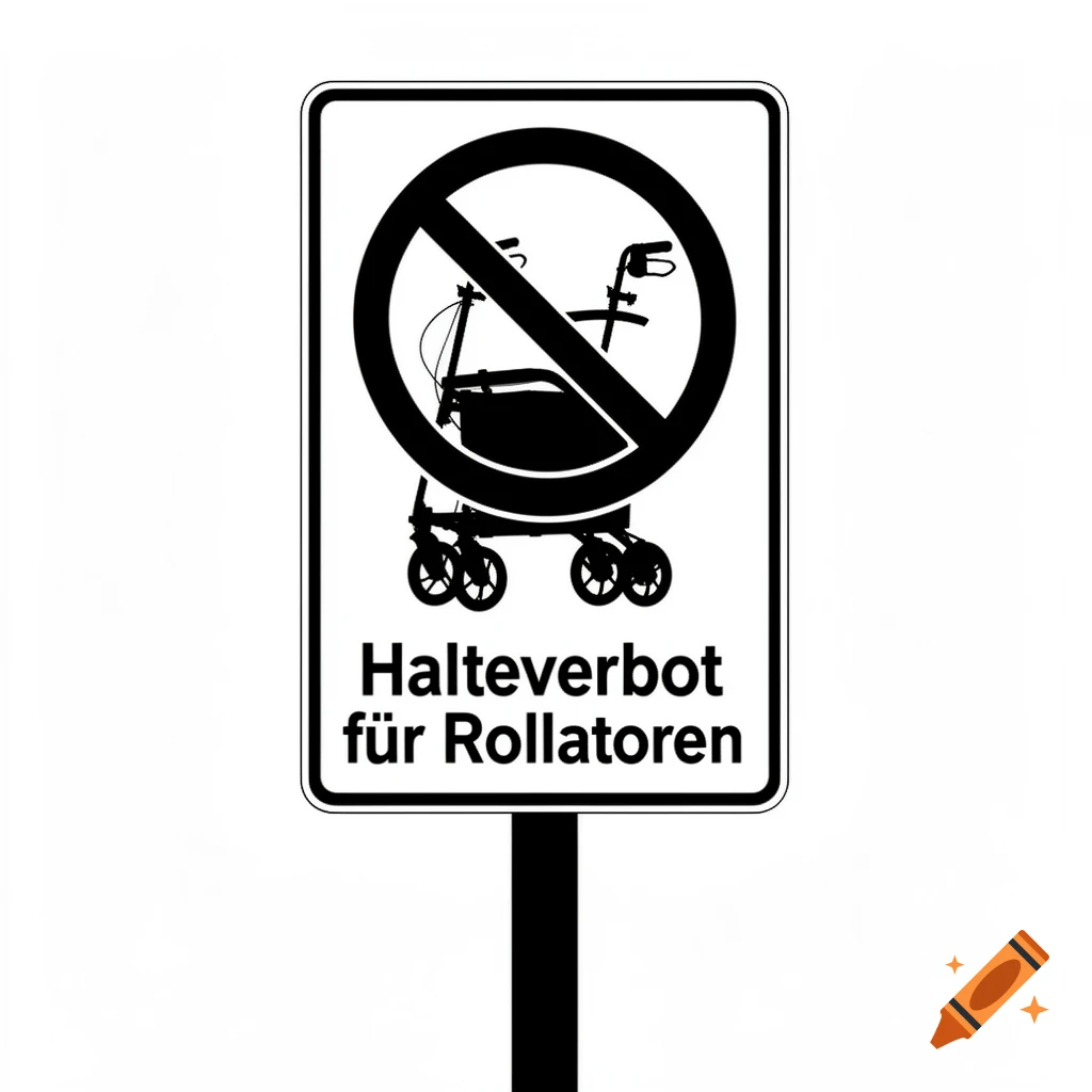Black and white prohibition sign showing a walker with a cross through it, with the German text 'Halteverbot für Rollatoren'.