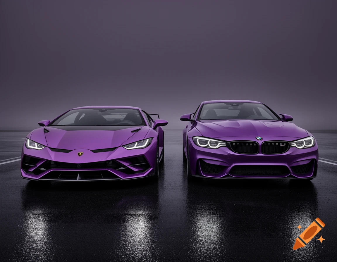 Two purple sports cars, a Lamborghini and a BMW, parked on a wet surface with reflections under a dark sky, facing forward.