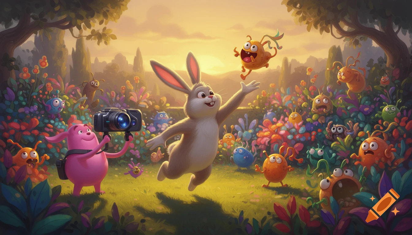 A cartoon bunny jumps for a creature, a pink character films, surrounded by other bug-like creatures in a vibrant garden.