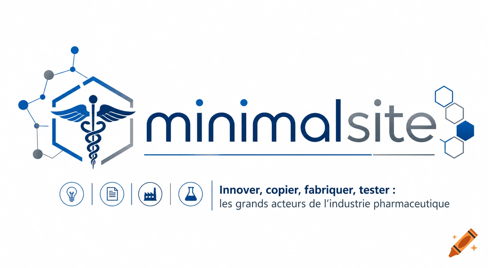 A minimal white and blue logo for 'minimalsite' featuring a caduceus symbol, abstract molecular connections, and text about pharmaceutical industry innovation.