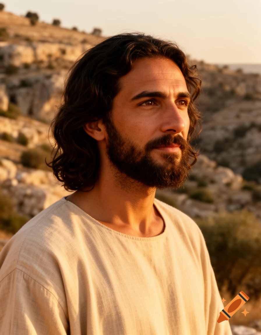 A photorealistic portrait of a man resembling Jesus with long dark hair and a beard, looking up at sunset in a rocky landscape.