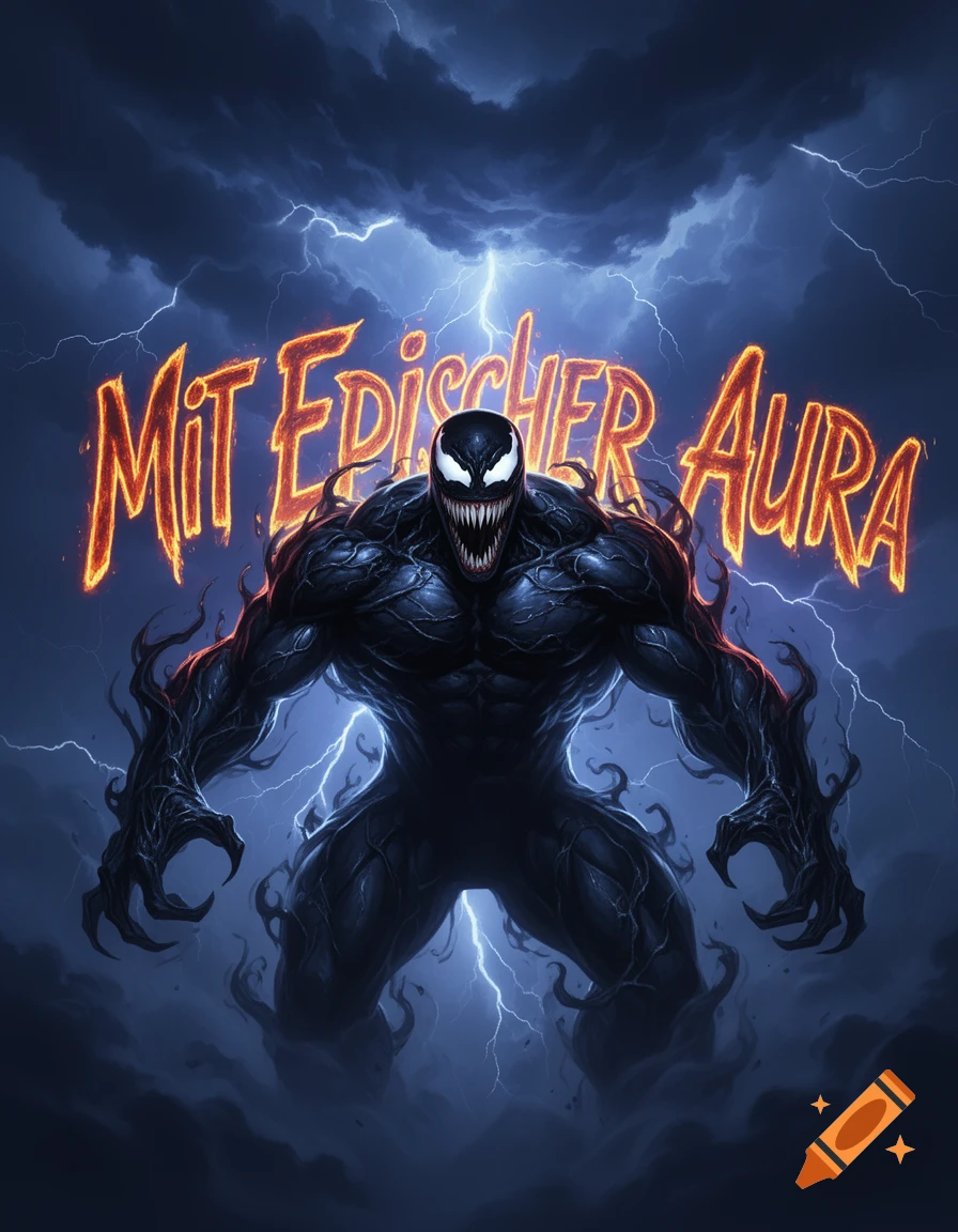 Venom stands menacingly in a stormy, lightning-filled sky with fiery German text 'Mit Epischer Aura' above him.