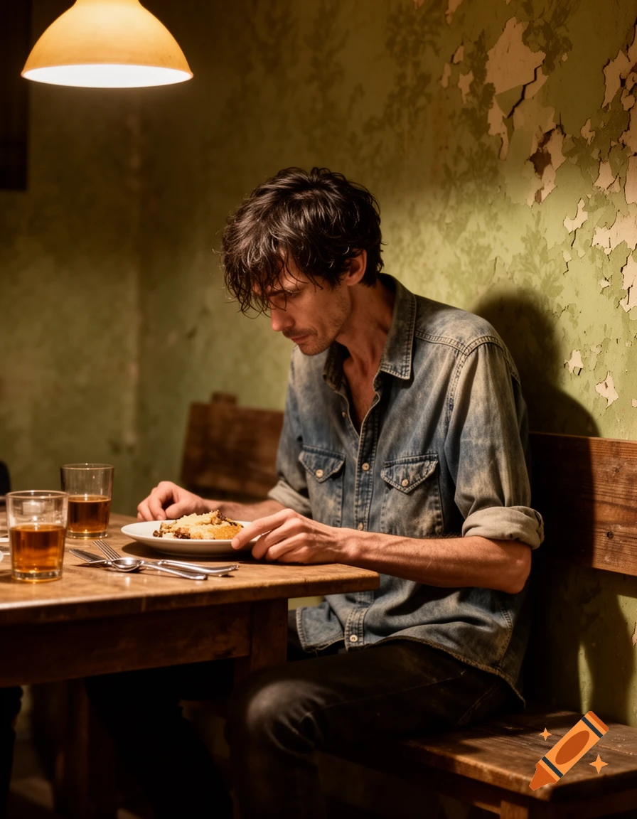 A lanky man with dark, messy hair sits hunched over a plate of food at a wooden table in a dimly lit room with peeling green walls.