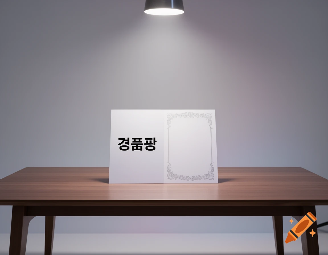 A white card with the Korean text "경품꽝" on the left and a decorative border on the right, illuminated by a lamp, rests on a wooden table.