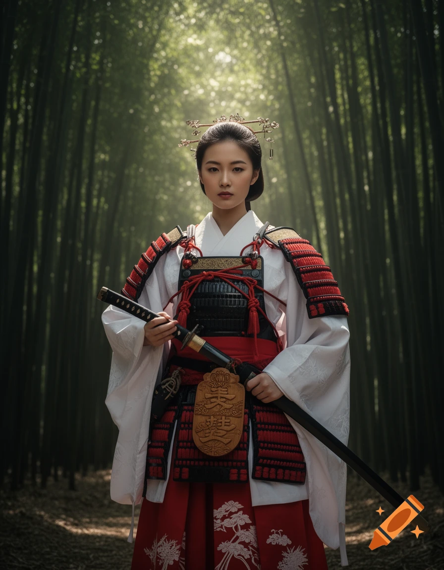 A serious woman in intricate samurai armor and a white kimono holds a katana in a sunlit bamboo forest.