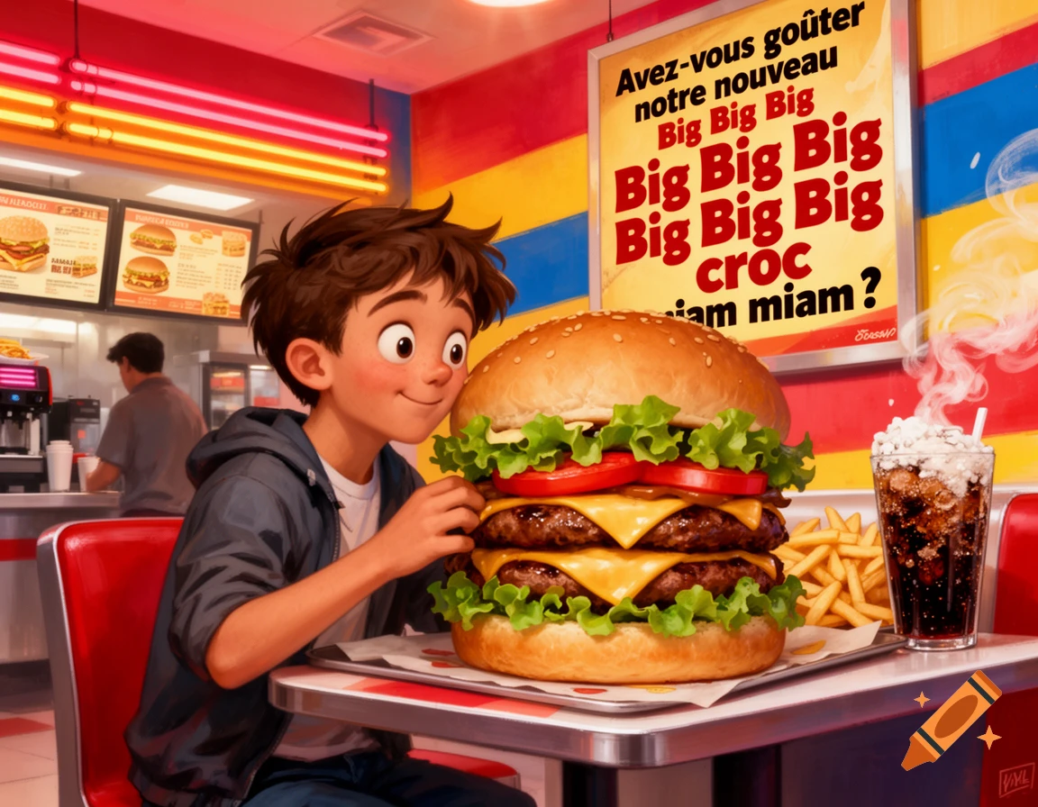 A cartoon boy sits at a table in a fast food restaurant, smiling at a huge double cheeseburger, fries, and a drink.