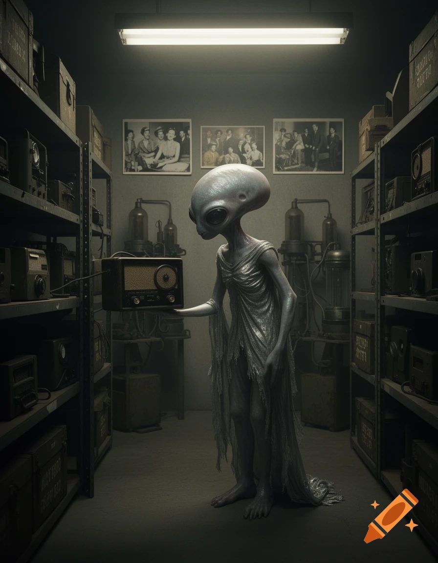A grey alien in tattered clothing holds a vintage radio in a dim storage room filled with old equipment and framed photos.