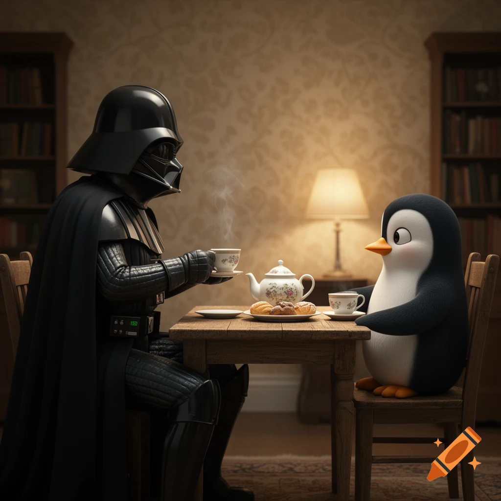 Darth Vader and a cartoon penguin have tea at a wooden table in a cozy, lamp-lit room with bookshelves.