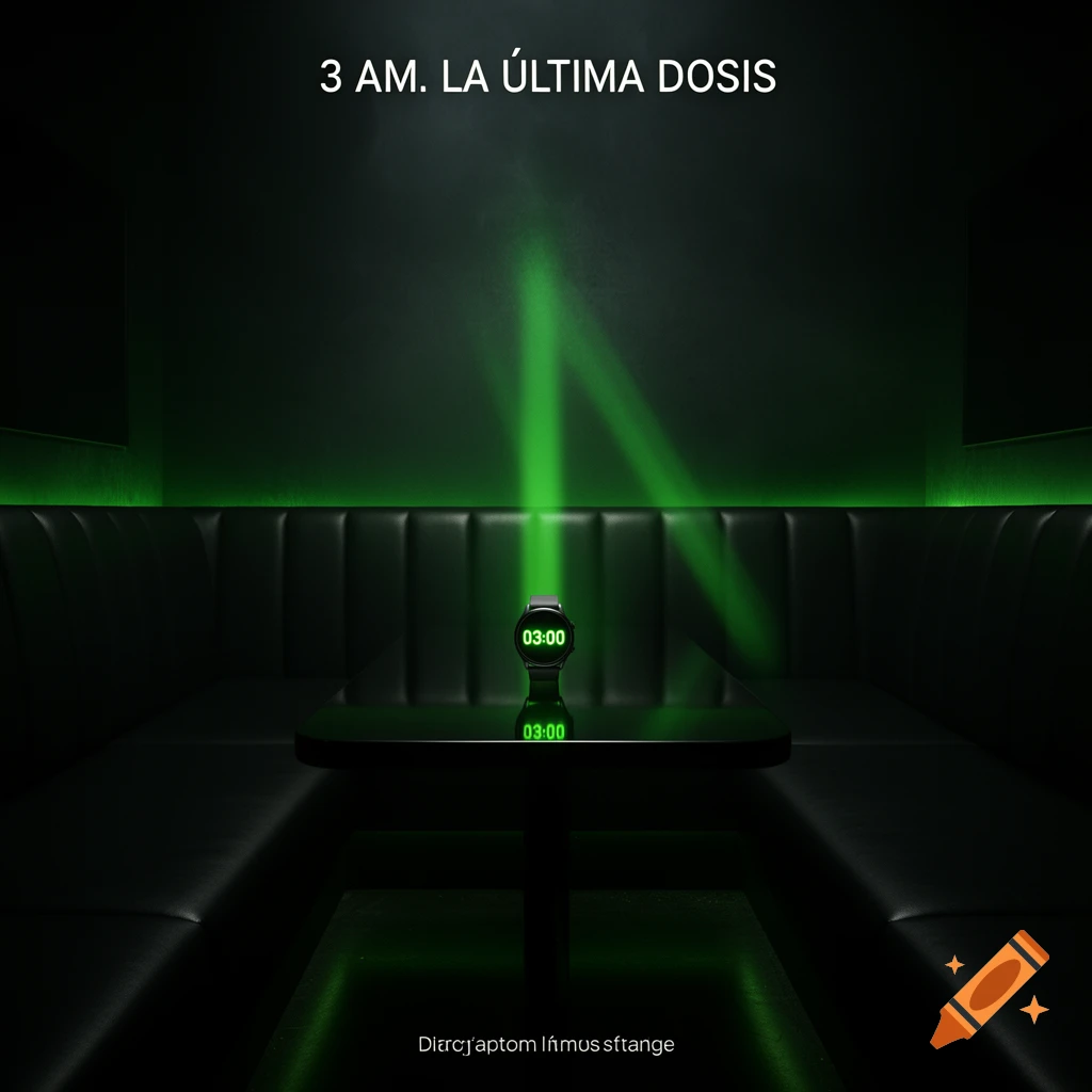 A minimalist shot of a dark VIP booth in an empty nightclub with green neon light. A digital watch on a reflective black table reads "03:00" with the text "3 AM. LA ÚLTIMA DOSIS" above.