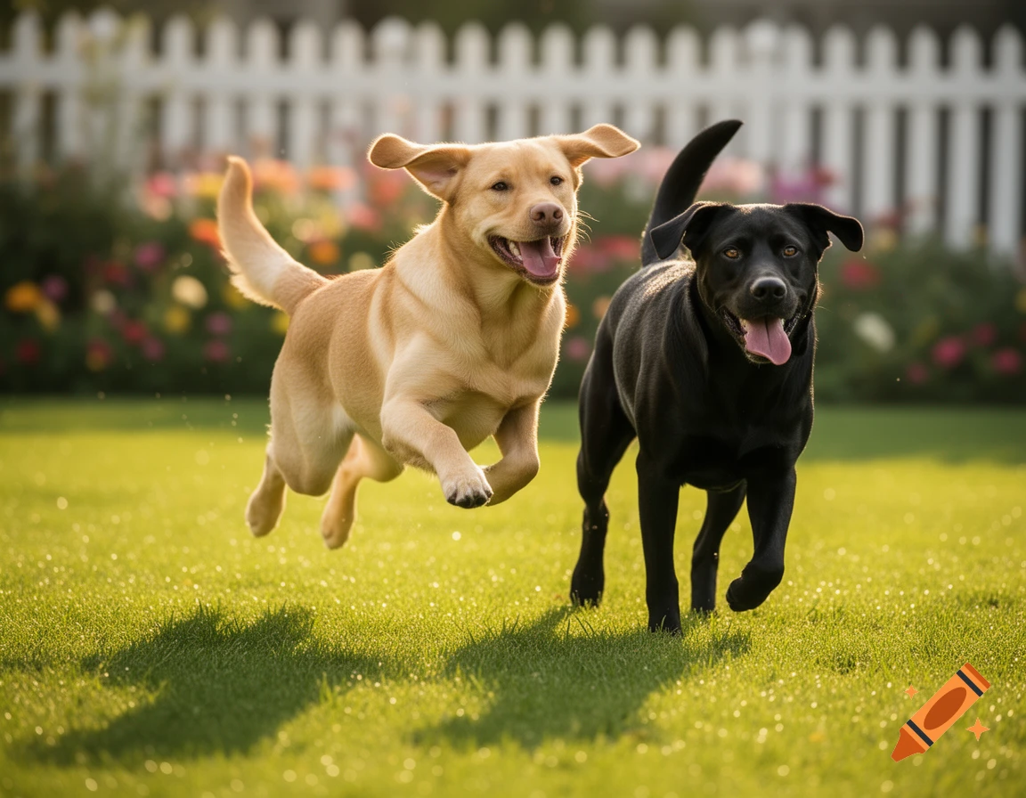 A golden labrador and a black labrador happily running and playing in a sunny green park with a white picket fence and flowers in the background.