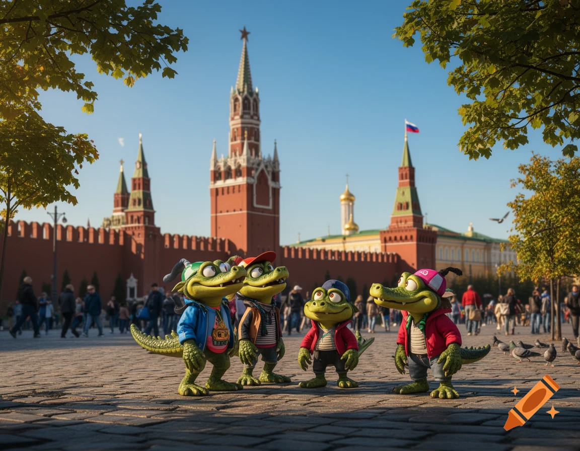 Four cartoon alligator characters wearing human clothes stand on a cobblestone plaza in front of The Kremlin under a clear blue sky.