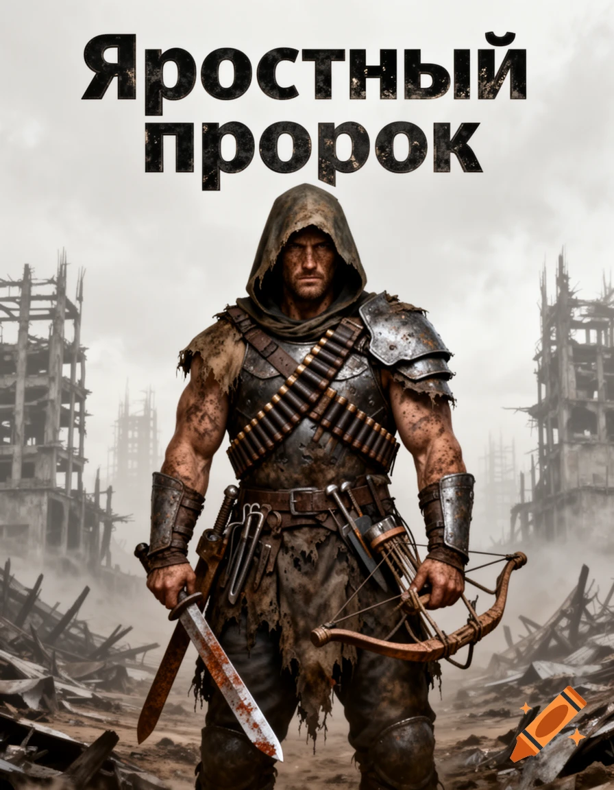 A rugged, hooded warrior in worn armor holds a sword and crossbow in a post-apocalyptic ruined city, with Russian text above.