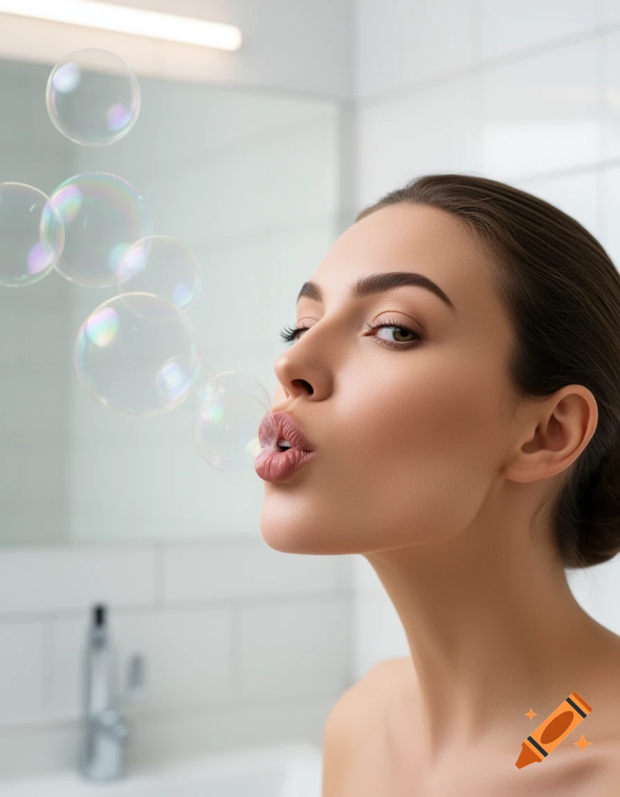 Photorealistic image of a woman in a bright bathroom, pursing lips to blow iridescent soap bubbles.