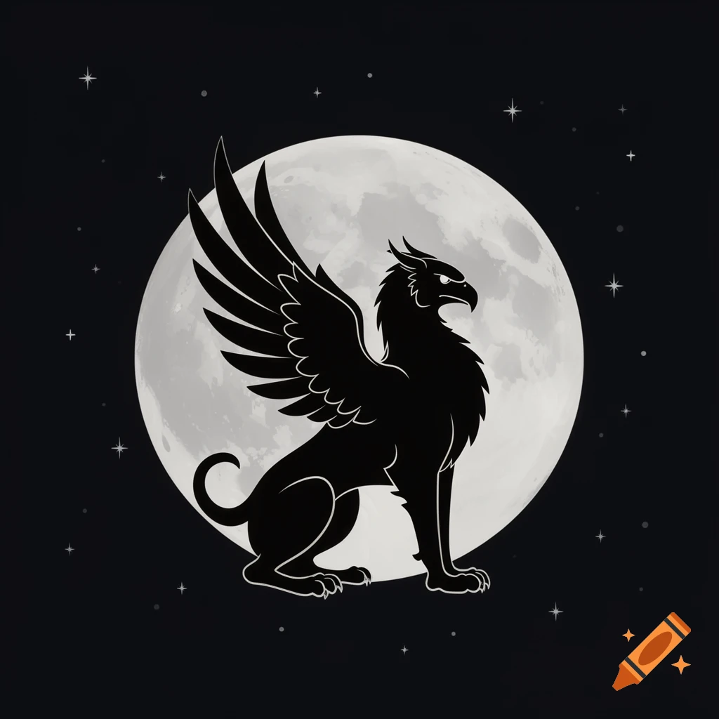 A black griffin silhouette with outstretched wings, in profile, sitting in front of a large full moon in a starry night sky. Flat 2D vector art.