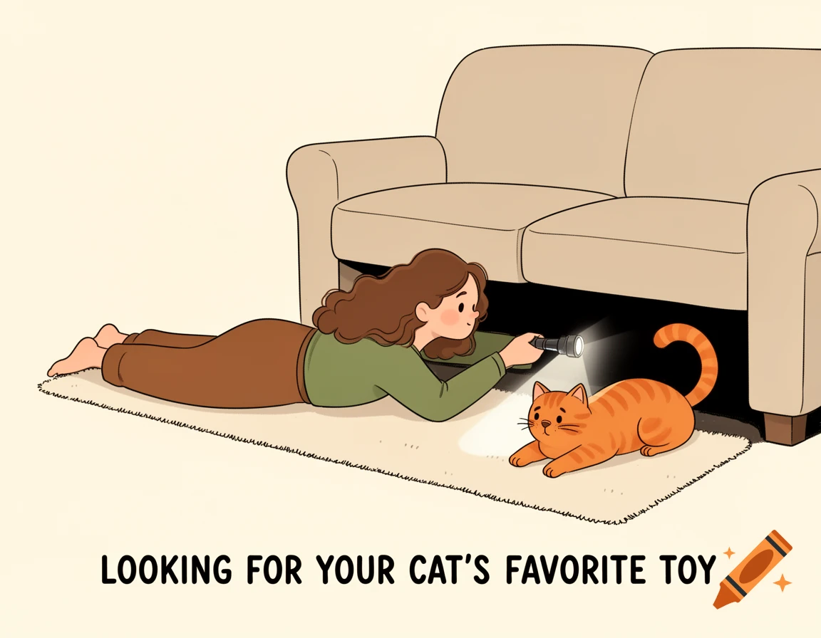 A cartoon woman and an orange cat lie on a rug, looking under a beige couch with a flashlight.