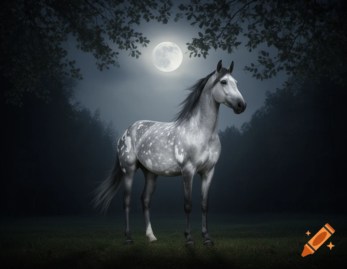 A dappled grey horse stands in a grassy field under a bright full moon, framed by dark trees at night.