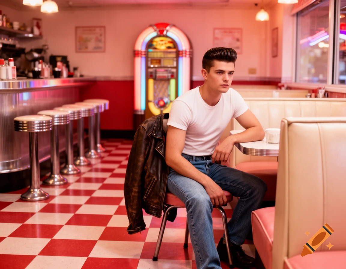 A young man with a pompadour haircut sits in a retro 1950s diner booth, a leather jacket draped over his chair.
