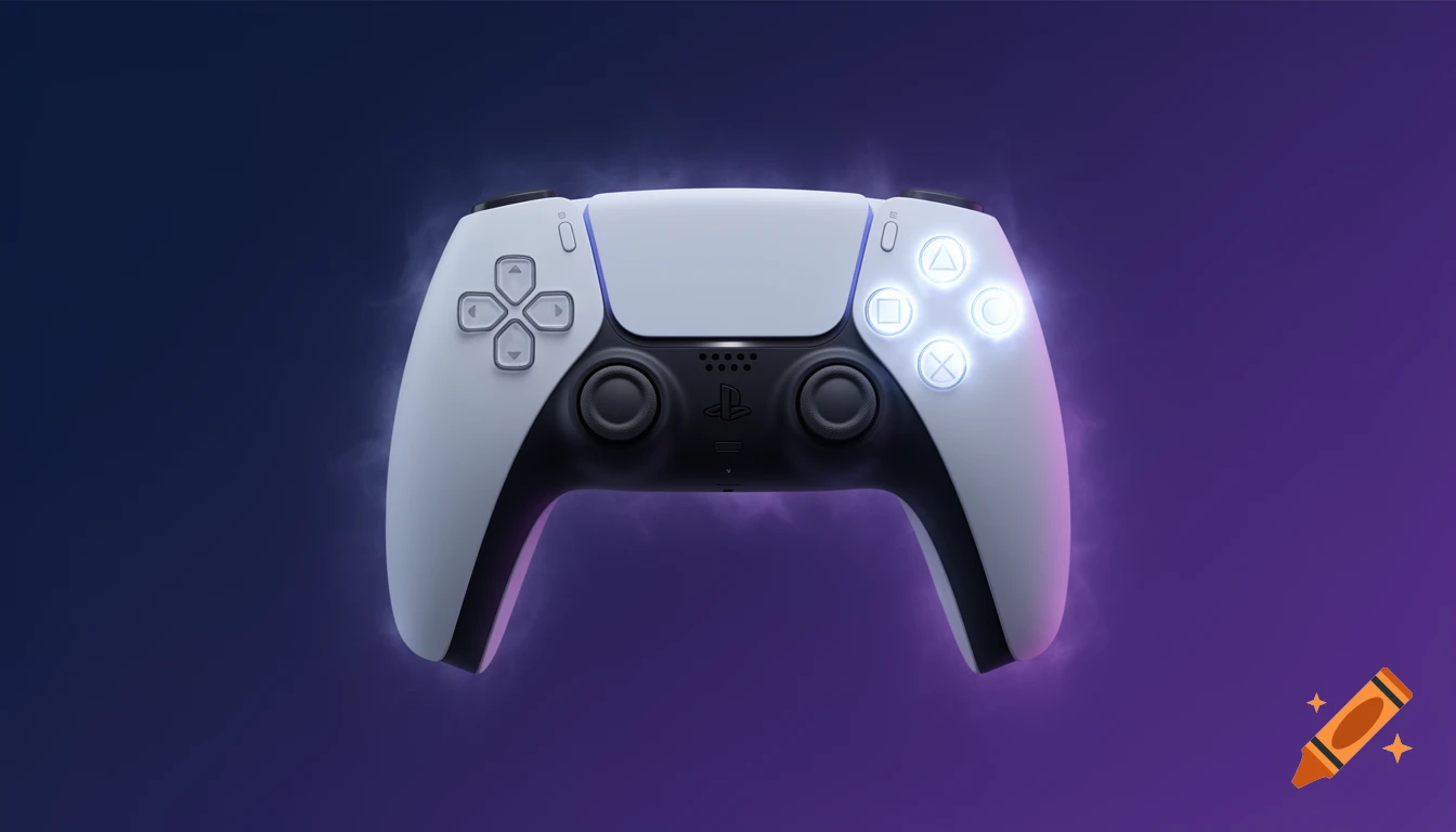 A white PlayStation 5 controller floats against a dark blue and purple gradient background with a soft glow.