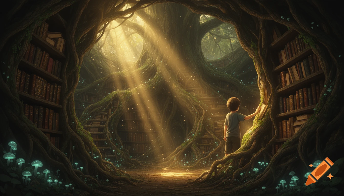 A young boy explores a magical library made of tree roots and books, illuminated by sunbeams and glowing mushrooms.