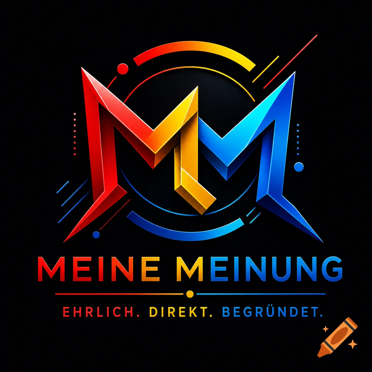 Colorful, abstract logo with two stylized 'MM' letters in red, yellow, and blue, with text 'MEINE MEINUNG' below it.